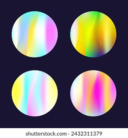 Gradient round set with holographic mesh. Abstract hologram. Pearlescent gradient round set. Minimalistic 90s, 80s retro style graphic template for book, annual, mobile interface, web app.