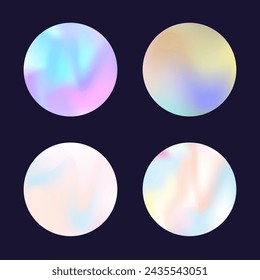 Gradient round set with holographic mesh. Abstract hologram. Vibrant gradient round set. Minimalistic 90s, 80s retro style graphic template for flyer, poster, banner, mobile app.