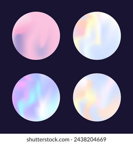 Gradient round set with holographic mesh. Abstract hologram. Vibrant gradient round set. Minimalistic 90s, 80s retro style graphic template for placard, presentation, banner, brochure.