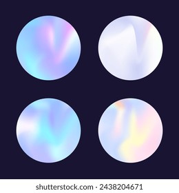Gradient round set with holographic mesh. Abstract hologram. Iridescent gradient round set. Minimalistic 90s, 80s retro style graphic template for book, annual, mobile interface, web app.