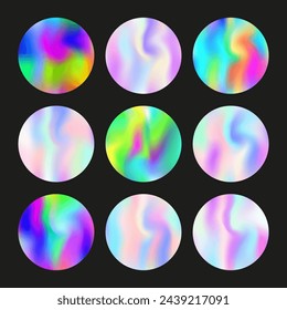 Gradient round set with holographic mesh. Abstract hologram. Pearlescent gradient round set. Minimalistic 90s, 80s retro style graphic template for brochure, banner, wallpaper, mobile screen.