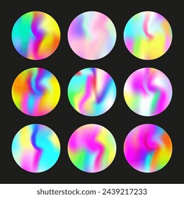 Gradientenrundset mit holografischem Netz. Abstraktes Hologramm. Mehrfarbiger Farbverlaufs-Rundungssatz. Minimalistische 90er, 80er Jahre Retro-Stil Grafik-Vorlage für Broschüre, Banner, Tapete, mobiler Bildschirm.