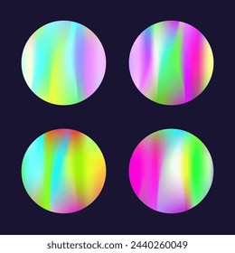 Gradient round set with holographic mesh. Abstract hologram. Pearlescent gradient round set. Minimalistic 90s, 80s retro style graphic template for brochure, banner, wallpaper, mobile screen.
