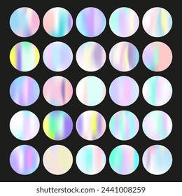 Gradient round set with holographic mesh. Abstract hologram. Iridescent gradient round set. Minimalistic 90s, 80s retro style graphic template for brochure, banner, wallpaper, mobile screen.
