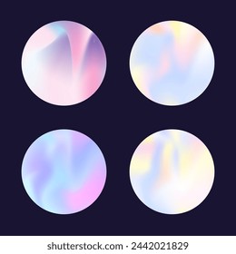Gradient round set with holographic mesh. Abstract hologram. Spectrum gradient round set. Minimalistic 90s, 80s retro style graphic template for placard, presentation, banner, brochure.