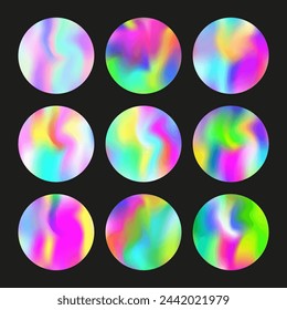 Gradientenrundset mit holografischem Netz. Abstraktes Hologramm. Stilvolles Gradienten-Rundset. Minimalistische 90er, 80er Jahre Retro-Stil Grafik-Vorlage für Broschüre, Banner, Tapete, mobiler Bildschirm.