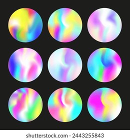 Gradient round set with holographic mesh. Abstract hologram. Plastic gradient round set. Minimalistic 90s, 80s retro style graphic template for placard, presentation, banner, brochure.