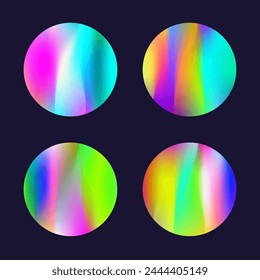 Gradient round set with holographic mesh. Abstract hologram. Neon gradient round set. Minimalistic 90s, 80s retro style graphic template for book, annual, mobile interface, web app.