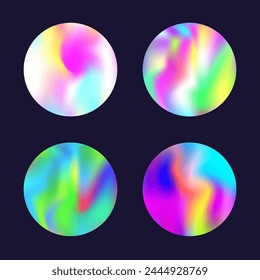 Gradient round set with holographic mesh. Abstract hologram. Iridescent gradient round set. Minimalistic 90s, 80s retro style graphic template for brochure, banner, wallpaper, mobile screen.