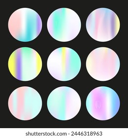 Gradientenrundset mit holografischem Netz. Abstraktes Hologramm. Futuristisches Gradienten-Rundset. Minimalistische 90er, 80er Jahre Retro-Stil grafische Vorlage für Buch, jährlich, mobile Schnittstelle, Web App.