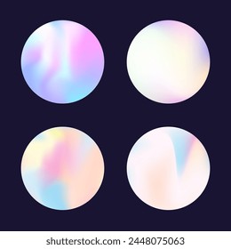 Gradientenrundset mit holografischem Netz. Abstraktes Hologramm. Perlglanzgradienten-Rundset. Minimalistische 90er, 80er Jahre Retro-Stil grafische Vorlage für Buch, jährlich, mobile Schnittstelle, Web App.