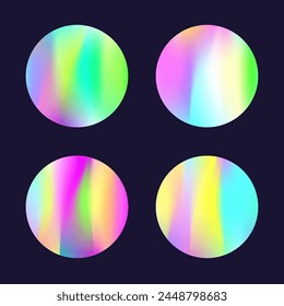 Gradient round set with holographic mesh. Abstract hologram. Iridescent gradient round set. Minimalistic 90s, 80s retro style graphic template for flyer, poster, banner, mobile app.