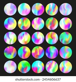 Gradient round set with holographic mesh. Abstract hologram. Futuristic gradient round set. Minimalistic 90s, 80s retro style graphic template for book, annual, mobile interface, web app.