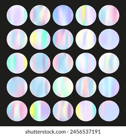 Gradient round set with holographic mesh. Abstract hologram. Multicolor gradient round set. Minimalistic 90s, 80s retro style graphic template for brochure, banner, wallpaper, mobile screen.