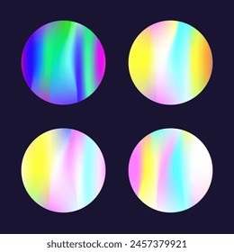 Gradient round set with holographic mesh. Abstract hologram. Futuristic gradient round set. Minimalistic 90s, 80s retro style graphic template for flyer, poster, banner, mobile app.
