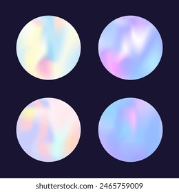 Gradient round set with holographic mesh. Abstract hologram. Rainbow gradient round set. Minimalistic 90s, 80s retro style graphic template for book, annual, mobile interface, web app.