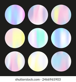 Gradient round set with holographic mesh. Abstract hologram. Bright gradient round set. Minimalistic 90s, 80s retro style graphic template for book, annual, mobile interface, web app.