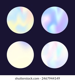Conjunto redondo degradado con malla holográfica. Holograma Abstractas. Conjunto redondo de degradado perlado. Minimalista 90s, 80s Plantilla gráfica de estilo retro para flyer, póster, Anuncio, App móvil.
