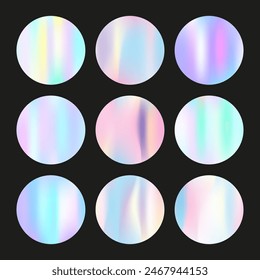 Conjunto redondo degradado con malla holográfica. Holograma Abstractas. Conjunto redondo de degradado creativo. Minimalista 90s, 80s Plantilla gráfica de estilo retro para folleto, Anuncio, Fondo de pantalla, pantalla móvil.