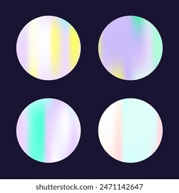 Gradient round set with holographic mesh. Abstract hologram. Spectrum gradient round set. Minimalistic 90s, 80s retro style graphic template for placard, presentation, banner, brochure.