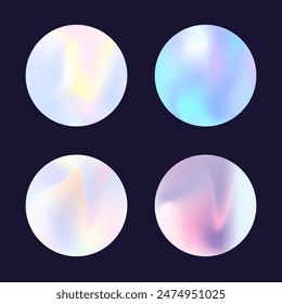 Gradient round set with holographic mesh. Abstract hologram. Spectrum gradient round set. Minimalistic 90s, 80s retro style graphic template for book, annual, mobile interface, web app.