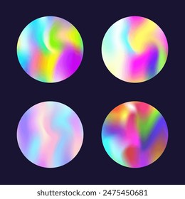 Gradient round set with holographic mesh. Abstract hologram. Retro gradient round set. Minimalistic 90s, 80s retro style graphic template for flyer, poster, banner, mobile app.