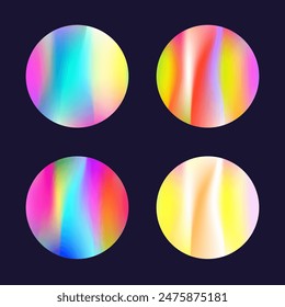 Conjunto redondo degradado con malla holográfica. Holograma Abstractas. Conjunto redondo de gradiente de plástico. Minimalista 90s, 80s Plantilla gráfica de estilo retro para flyer, póster, Anuncio, App móvil.