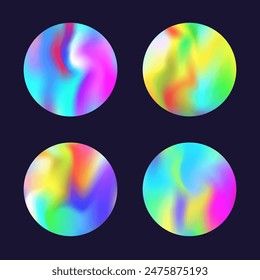 Gradient round set with holographic mesh. Abstract hologram. Plastic gradient round set. Minimalistic 90s, 80s retro style graphic template for brochure, banner, wallpaper, mobile screen.