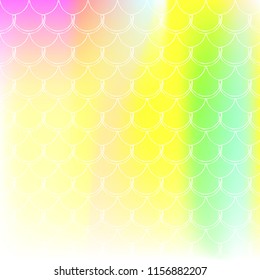 Gradient scale background with holographic mermaid. Bright color transitions. Fish tail banner and invitation. Underwater and sea pattern for girlie party. Bright backdrop with gradient scale.