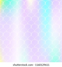 Gradient scale background with holographic mermaid. Bright color transitions. Fish tail banner and invitation. Underwater and sea pattern for girlie party. Fluorescent backdrop with gradient scale.
