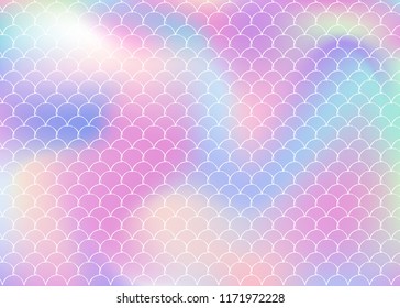 Gradient scale background with holographic mermaid. Bright color transitions. Fish tail banner and invitation. Underwater and sea pattern for girlie party. Bright backdrop with gradient scale.