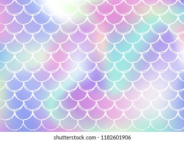 Gradient scale background with holographic mermaid. Bright color transitions. Fish tail banner and invitation. Underwater and sea pattern for girlie party. Plastic backdrop with gradient scale.