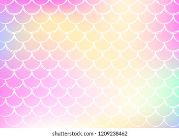 Gradient scale background with holographic mermaid. Bright color transitions. Fish tail banner and invitation. Underwater and sea pattern for girlie party. Iridescent backdrop with gradient scale.