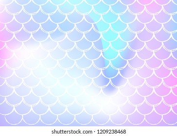 Gradient scale background with holographic mermaid. Bright color transitions. Fish tail banner and invitation. Underwater and sea pattern for girlie party. Hipster backdrop with gradient scale.