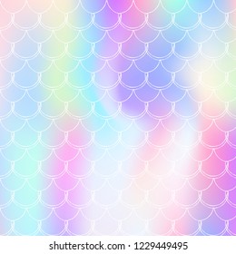 Gradient scale background with holographic mermaid. Bright color transitions. Fish tail banner and invitation. Underwater and sea pattern for girlie party. Retro backdrop with gradient scale.