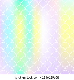 Gradient scale background with holographic mermaid. Bright color transitions. Fish tail banner and invitation. Underwater and sea pattern for girlie party. Multicolor backdrop with gradient scale.