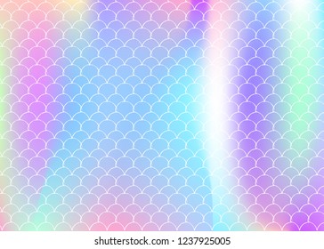 Gradient scale background with holographic mermaid. Bright color transitions. Fish tail banner and invitation. Underwater and sea pattern for girlie party. Vibrant backdrop with gradient scale.