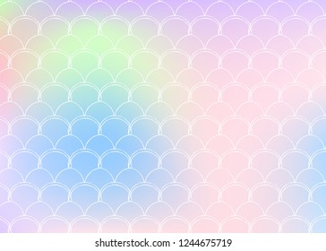 Gradient scale background with holographic mermaid. Bright color transitions. Fish tail banner and invitation. Underwater and sea pattern for girlie party. Multicolor backdrop with gradient scale.