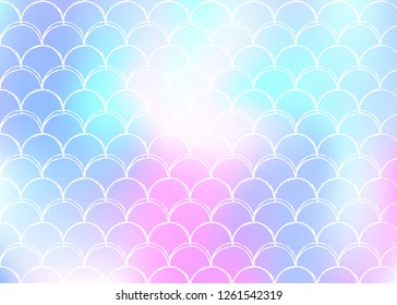 Gradient scale background with holographic mermaid. Bright color transitions. Fish tail banner and invitation. Underwater and sea pattern for girlie party. Rainbow backdrop with gradient scale.