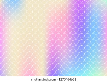 Gradient scale background with holographic mermaid. Bright color transitions. Fish tail banner and invitation. Underwater and sea pattern for girlie party. Futuristic backdrop with gradient scale.