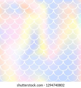Gradient scale background with holographic mermaid. Bright color transitions. Fish tail banner and invitation. Underwater and sea pattern for girlie party. Spectrum backdrop with gradient scale.