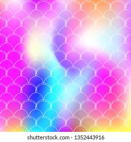 Gradient scale background with holographic mermaid. Bright color transitions. Fish tail banner and invitation. Underwater and sea pattern for girlie party. Rainbow backdrop with gradient scale.