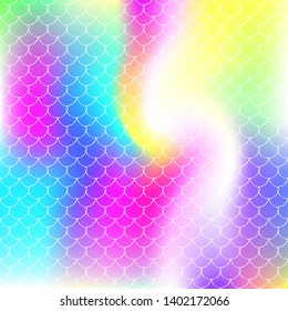 Gradient scale background with holographic mermaid. Bright color transitions. Fish tail banner and invitation. Underwater and sea pattern for girlie party. Rainbow backdrop with gradient scale.
