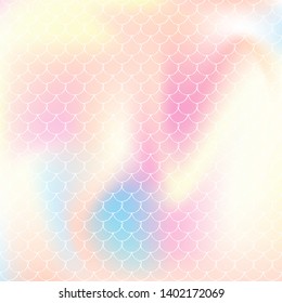 Gradient scale background with holographic mermaid. Bright color transitions. Fish tail banner and invitation. Underwater and sea pattern for girlie party. Futuristic backdrop with gradient scale.