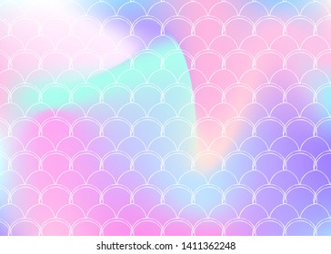 Gradient scale background with holographic mermaid. Bright color transitions. Fish tail banner and invitation. Underwater and sea pattern for girlie party. Plastic backdrop with gradient scale.
