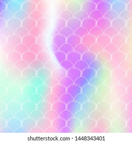 Gradient scale background with holographic mermaid. Bright color transitions. Fish tail banner and invitation. Underwater and sea pattern for girlie party. Multicolor backdrop with gradient scale.