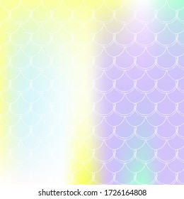 Gradient scale background with holographic mermaid. Bright color transitions. Fish tail banner and invitation. Underwater and sea pattern for girlie party. Pearlescent backdrop with gradient scale.