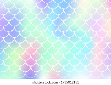Gradient scale background with holographic mermaid. Bright color transitions. Fish tail banner and invitation. Underwater and sea pattern for girlie party. Stylish backdrop with gradient scale.