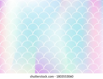 Gradient scale background with holographic mermaid. Bright color transitions. Fish tail banner and invitation. Underwater and sea pattern for girlie party. Pearlescent backdrop with gradient scale.