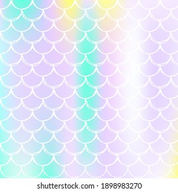 Gradient scale background with holographic mermaid. Bright color transitions. Fish tail banner and invitation. Underwater and sea pattern for girlie party. Hipster backdrop with gradient scale.